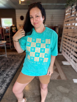 Rooted in Joy Teal Mineral Wash Tee - Tucked & Threaded