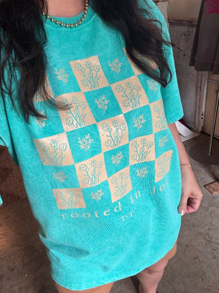 Rooted in Joy Teal Mineral Wash Tee - Tucked & Threaded