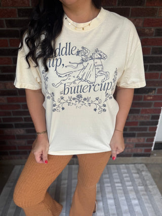 Saddle Up Buttercup Midweight Faded Cream Tee - Tucked & Threaded