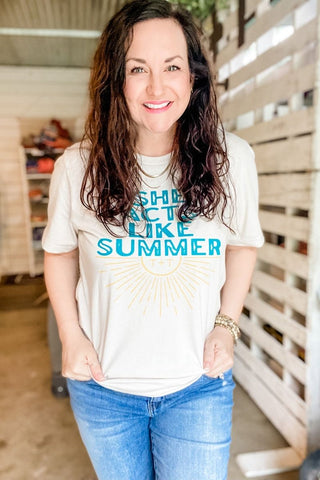 She Acts Like Summer Heather Tan Tee-4XL Only - Tucked & Threaded
