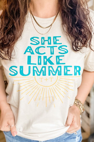 She Acts Like Summer Heather Tan Tee-4XL Only - Tucked & Threaded