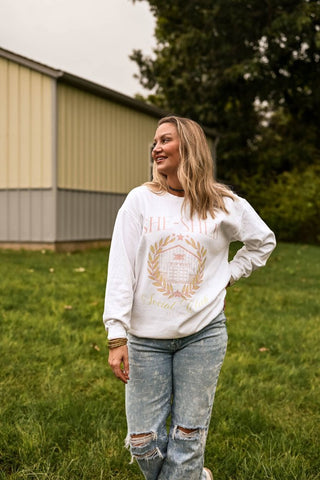 She-Shed Social Club White Sweatshirt - Tucked & Threaded