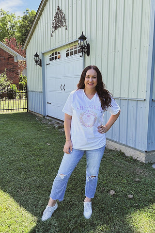 She-Shed Social Club White V-Neck Tee - Tucked & Threaded