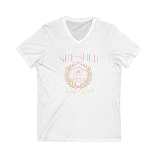 She-Shed Social Club White V-Neck Tee - Tucked & Threaded