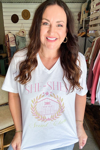 She-Shed Social Club White V-Neck Tee - Tucked & Threaded