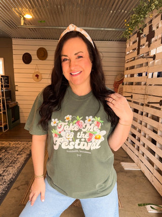 Strawberry Festival Moss Green Tee - Tucked & Threaded