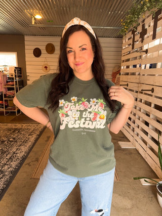 Strawberry Festival Moss Green Tee - Tucked & Threaded