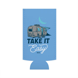 Take It Easy Blue Tan Can Cooler - Tucked & Threaded