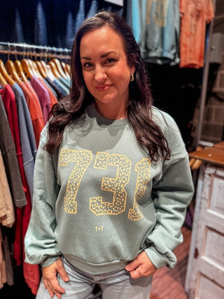 Tennessee 731 Area Code Boxy Sweatshirt - West TN Leopard Bubble Sleeve Cropped - Tucked & Threaded