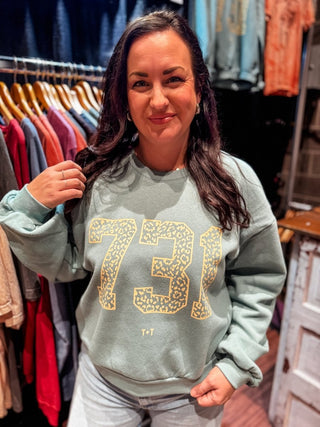 Tennessee 731 Area Code Boxy Sweatshirt - West TN Leopard Bubble Sleeve Cropped - Tucked & Threaded