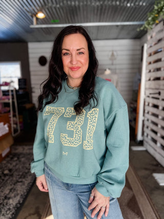 Tennessee 731 Area Code Boxy Sweatshirt - West TN Leopard Bubble Sleeve Cropped - Tucked & Threaded