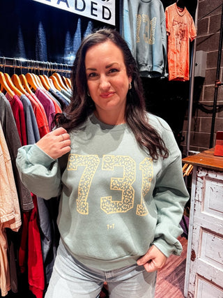 Tennessee 731 Area Code Boxy Sweatshirt - West TN Leopard Bubble Sleeve Cropped - Tucked & Threaded