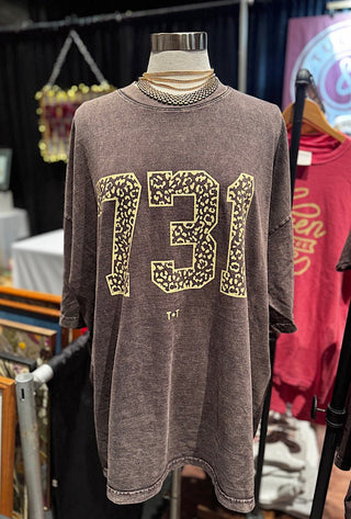 Tennessee 731 Area Code Graphic Tee - West TN Leopard Mocha Mineral Wash Shirt - Tucked & Threaded