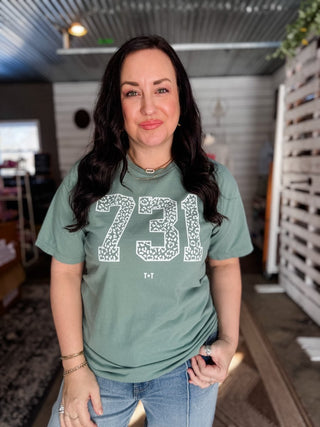 Tennessee 731 Area Code Graphic Tee - West TN White Leopard Cypress Green Shirt - Tucked & Threaded