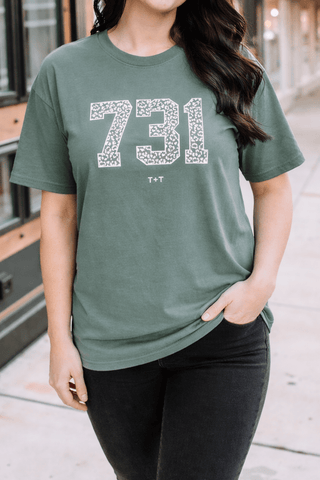 Tennessee 731 Area Code Graphic Tee - West TN White Leopard Cypress Green Shirt - Tucked & Threaded