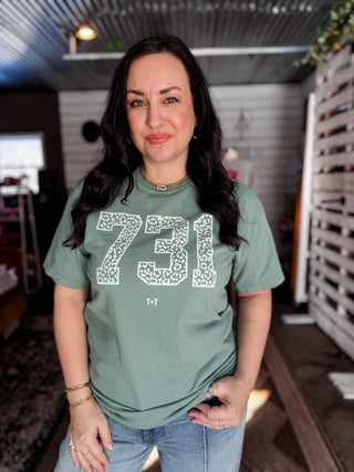 Tennessee 731 Area Code Graphic Tee - West TN White Leopard Cypress Green Shirt - Tucked & Threaded