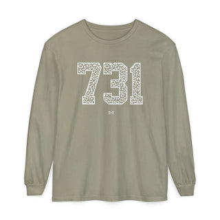 Tennessee 731 Area Code Long-Sleeve Tee - West TN White Leopard Print Shirt - Tucked & Threaded