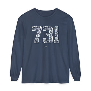 Tennessee 731 Area Code Long-Sleeve Tee - West TN White Leopard Print Shirt - Tucked & Threaded