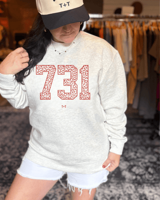 Tennessee 731 Area Code Sweatshirt - West TN Leopard Print Crewneck - Tucked & Threaded