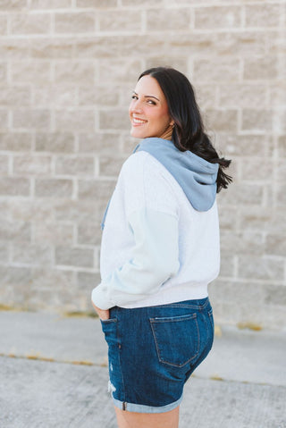 These Are the Days Denim Colorblocked Crop Hoodie - Tucked & Threaded