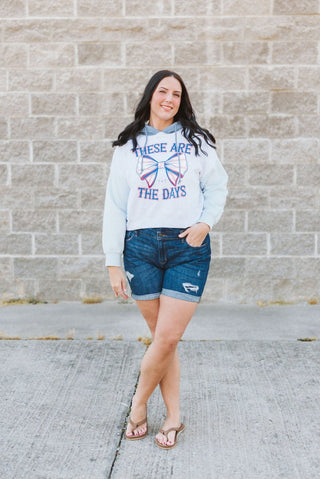 These Are the Days Denim Colorblocked Crop Hoodie - Tucked & Threaded