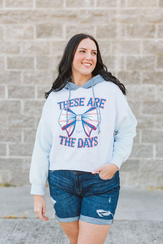 These Are the Days Denim Colorblocked Crop Hoodie - Tucked & Threaded
