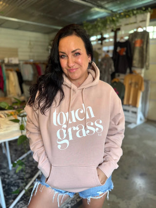 Touch Grass Blush Hoodie | Women's Outdoor Adventure Graphic Sweatshirt - Tucked & Threaded