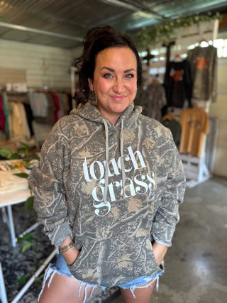Touch Grass Camo Hoodie | Women's Outdoor Adventure Graphic Sweatshirt - Tucked & Threaded