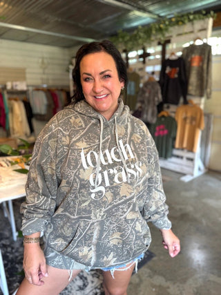 Touch Grass Camo Hoodie | Women's Outdoor Adventure Graphic Sweatshirt - Tucked & Threaded