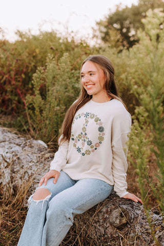 Floral Peace Tan Fleece Sweatshirt