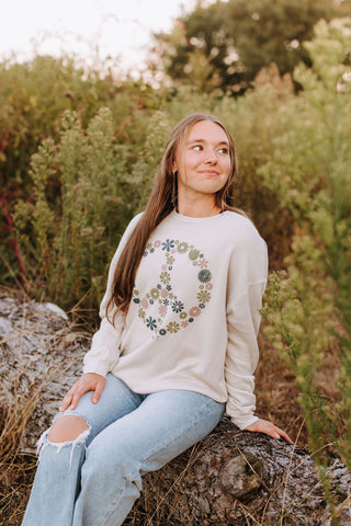 Floral Peace Tan Fleece Sweatshirt