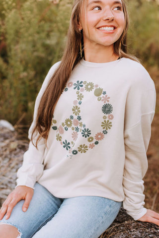 Floral Peace Tan Fleece Sweatshirt