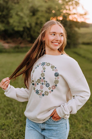 Floral Peace Tan Fleece Sweatshirt