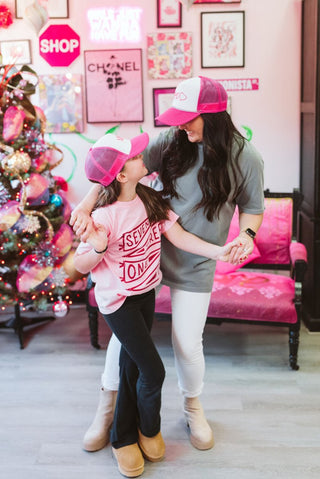 XOXO Pink and White Silver Chain Ladies' Trucker Hat - Tucked & Threaded