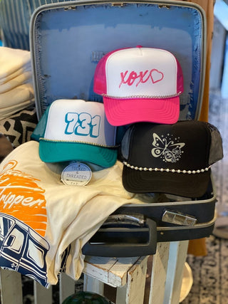 XOXO Pink and White Silver Chain Ladies' Trucker Hat - Tucked & Threaded