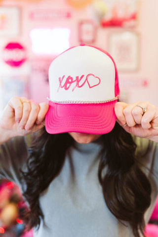 XOXO Pink and White Silver Chain Ladies' Trucker Hat - Tucked & Threaded