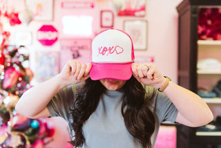 XOXO Pink and White Silver Chain Ladies' Trucker Hat - Tucked & Threaded