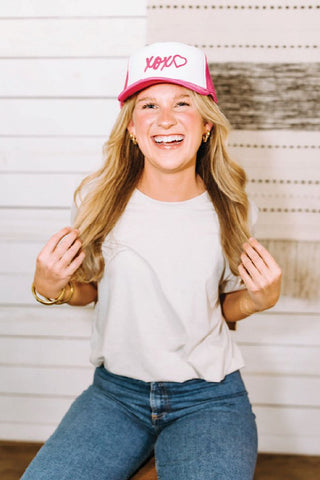 XOXO Pink and White with Gold Chain Ladies' Trucker Hat - Tucked & Threaded