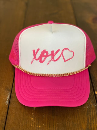 XOXO Pink and White with Gold Chain Ladies' Trucker Hat - Tucked & Threaded