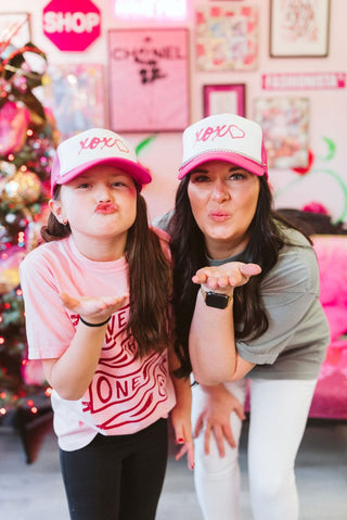 XOXO Pink and White with Gold Chain Ladies' Trucker Hat - Tucked & Threaded