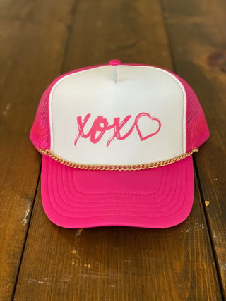 XOXO Pink and White with Gold Chain Ladies' Trucker Hat - Tucked & Threaded