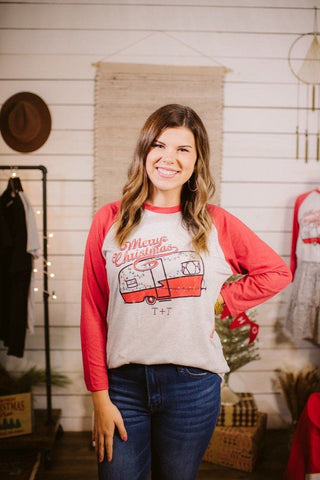 vintage camper with christmas lights graphic baseball style tee with red sleeves and heather grey body