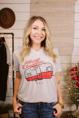 vintage camper design with Christmas lights on a white fleck triblend tee for men and women, graphic tee