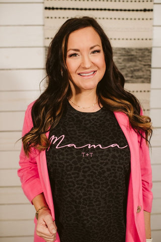 Mama Graphic Tee - Leopard Print Mom Shirt with Hot Pink - Tucked & Threaded