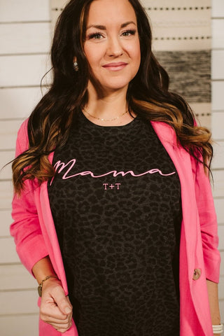 Mama Graphic Tee - Leopard Print Mom Shirt with Hot Pink - Tucked & Threaded