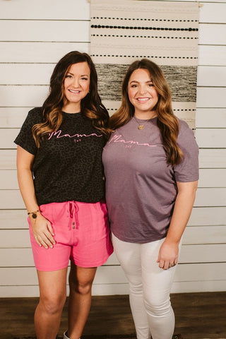Mama Graphic Tee - Leopard Print Mom Shirt with Hot Pink - Tucked & Threaded