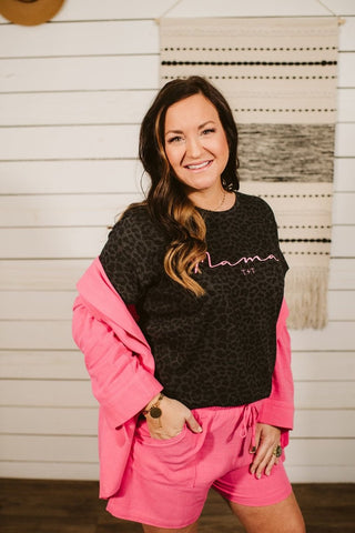 Mama Graphic Tee - Leopard Print Mom Shirt with Hot Pink - Tucked & Threaded