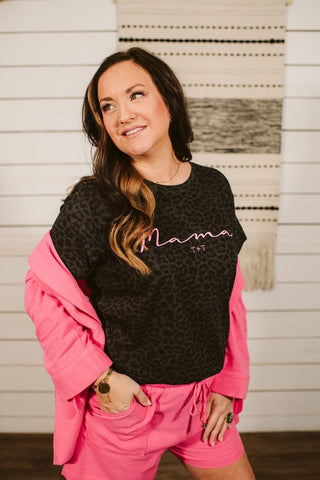 Mama Graphic Tee - Leopard Print Mom Shirt with Hot Pink - Tucked & Threaded