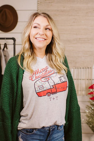 Merry Christmas Camper White Fleck V-Neck - Tucked & Threaded