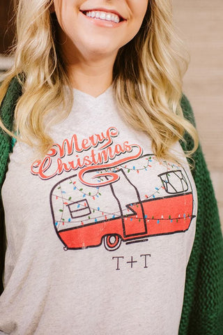 Merry Christmas Camper White Fleck V-Neck - Tucked & Threaded